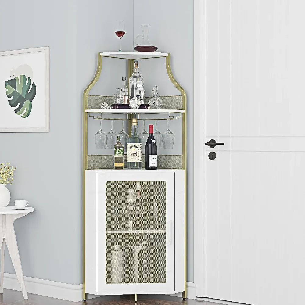 

Wine Corner Cabinet with Removable Wine Rack, Cabinet and Wine Glass Bar Cabinet with Glass Rack and Mesh Door,