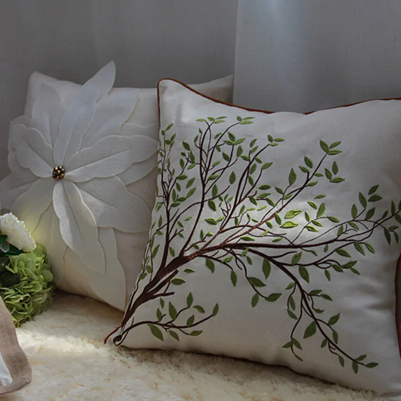 Embroidery Green Leaf Tree flower dragonfly Cotton Linen Pillowcase Sofa Decorative Pillows Home Decor Pillow Cover Natural