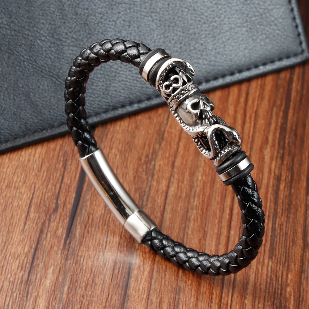 Pulsera de cuero trenzada de acero inoxidable para hombre, brazalete de Calavera, regalo de joyería Simple