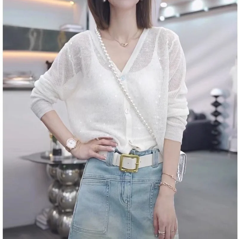 Thin Sequins Summer Cardigan Hollowed Out V-neck Sweater Female New Loose Lazy Wind Design Korean Fashion Casual Tops