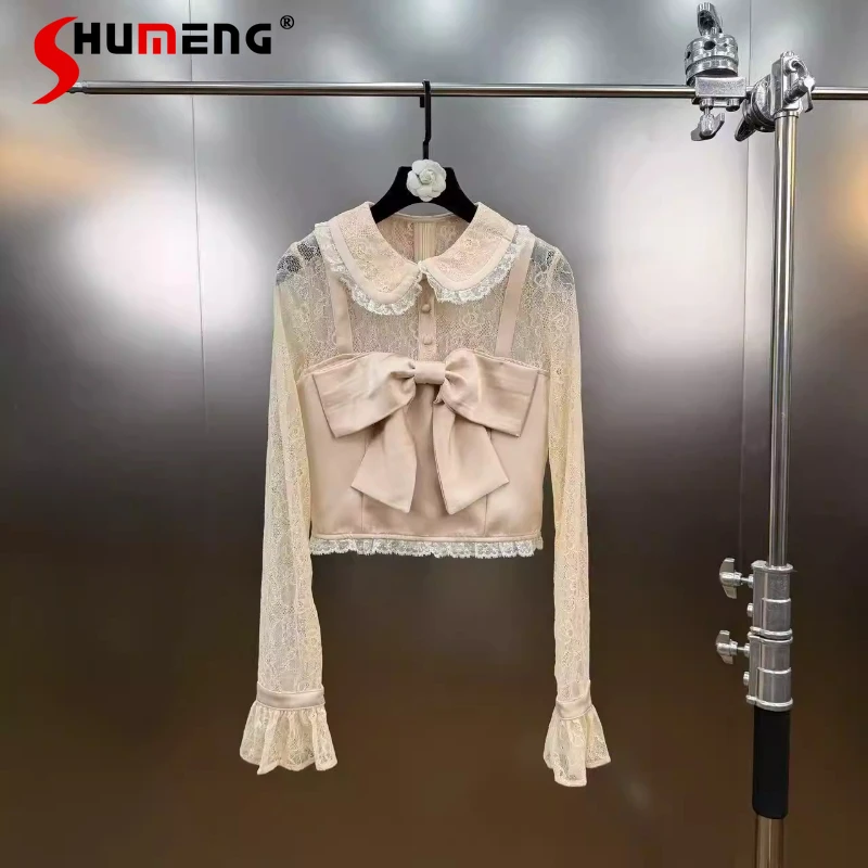 

Женские рубашки с длинным рукавом, весна 2026, новинка, милые, с кружевными вставками, бантом, элегантные, женственные, удобные, дышащие, шикарные топы