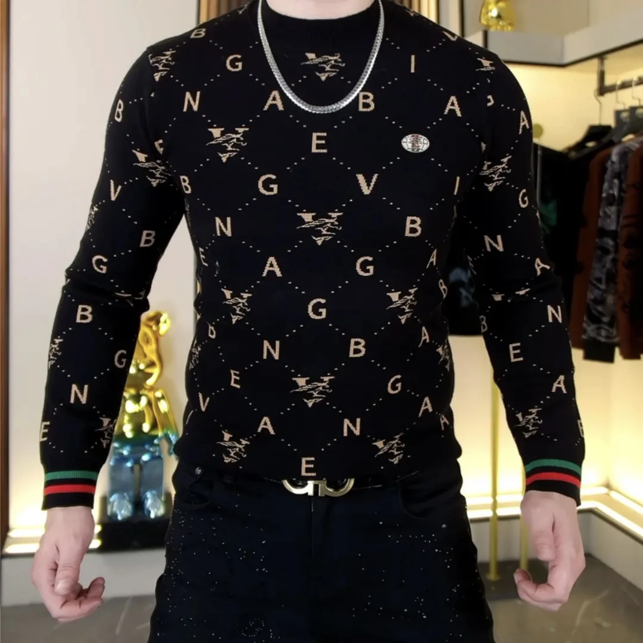 

Мужской вязаный свитер с длинным рукавом и круглым вырезом, модный, с вышивкой букв, приталенный, эластичный, базовый слой, кардиган, осенне-зимний, повседневный