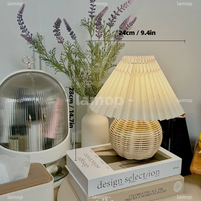 Rattan Sphere‑Base Pleated‑Umbrella‑Shade Table Lamp Cottage‑Warm 3 Tone Soft Aura Bedroom Tea‑Corner Study Shelf Decor