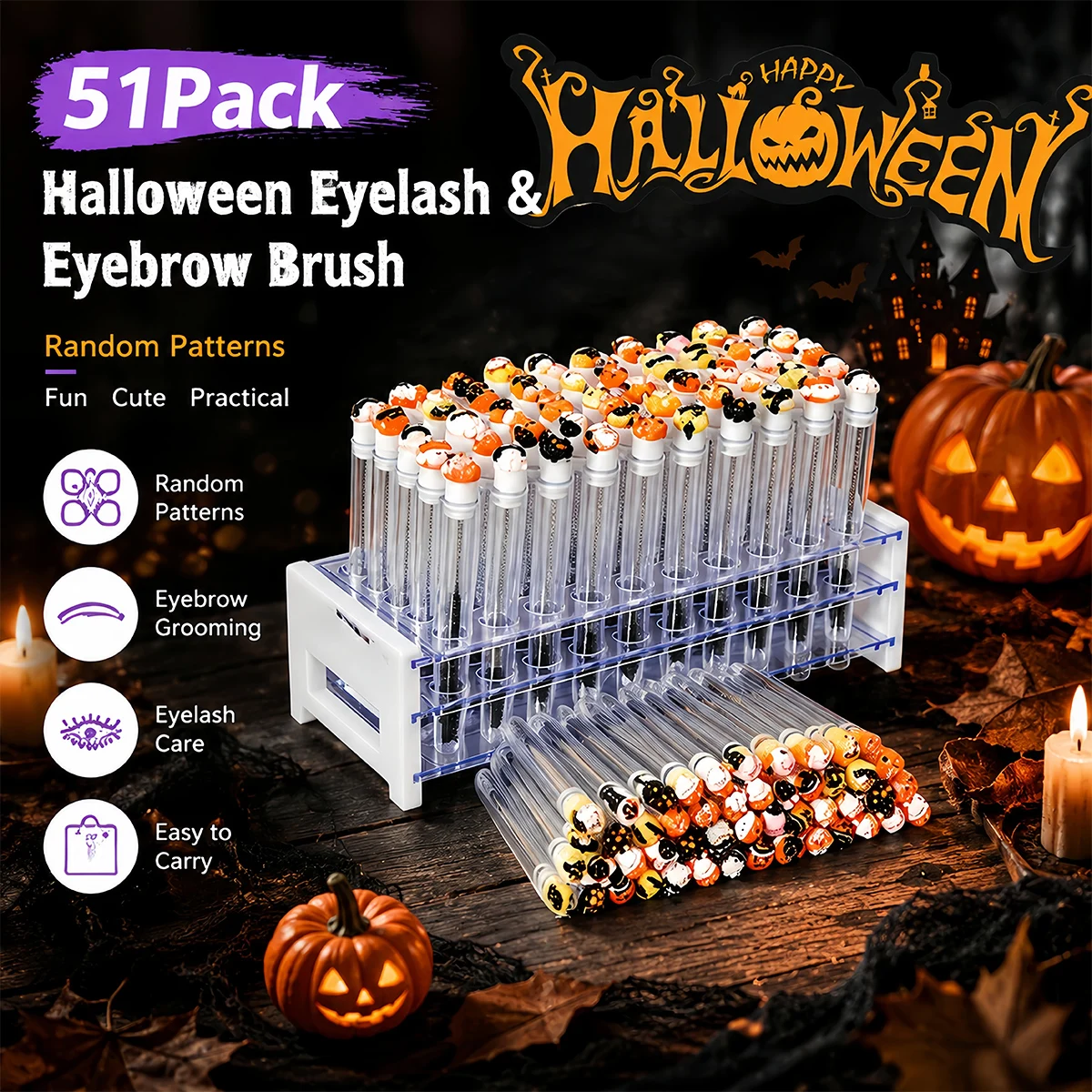 51PackHalloween Mascara Wands 50 Spoolies with Storage Case,Pro Eyelash Extension Brushes,Eyebrow Grooming Makeup Tool Kit Gifts