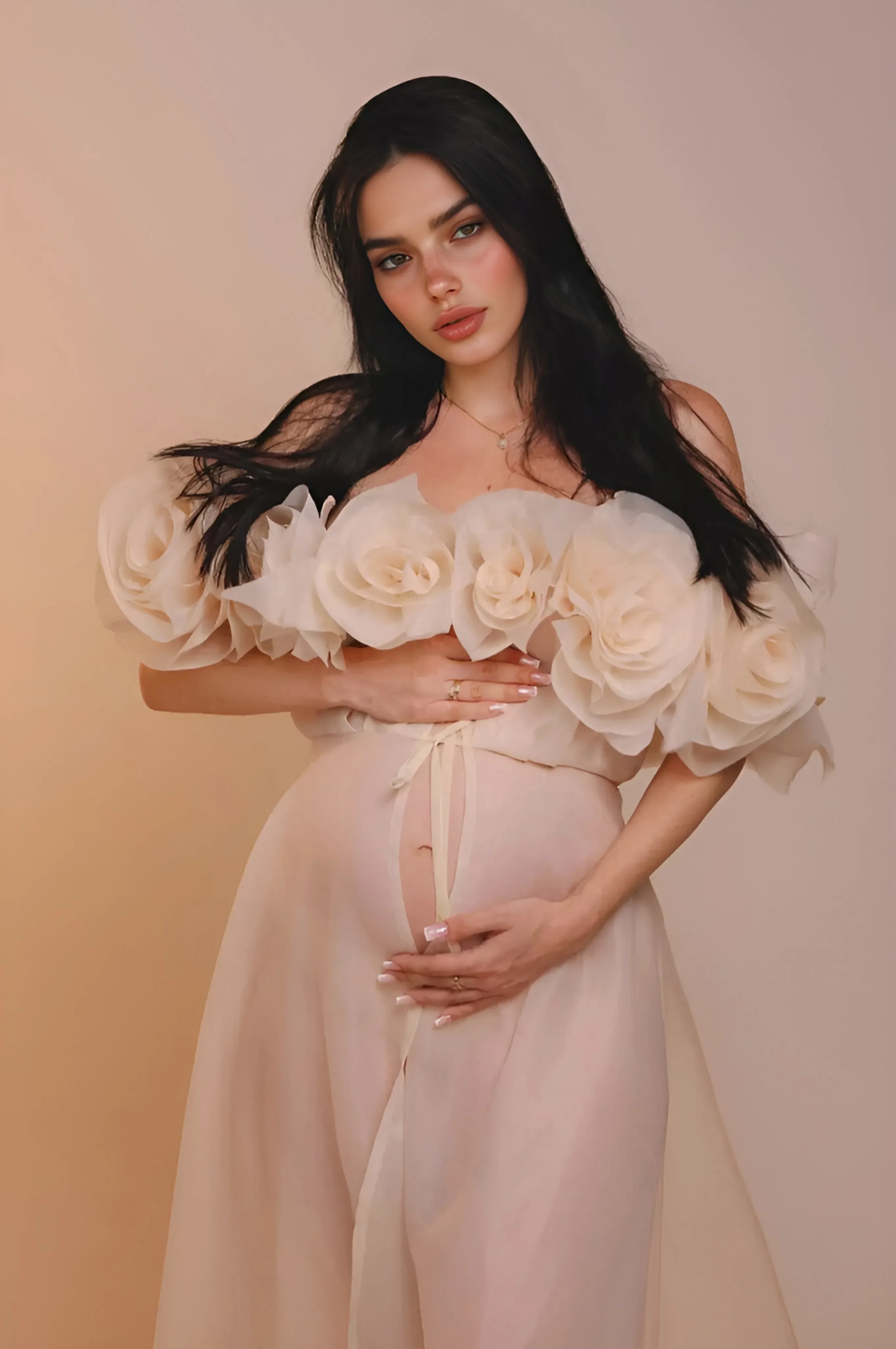 Maternity Dress for Photo Shoot Handmade 3D Flower Long Flowy Dress for Photoshoot Organza Pregnancy Dress for Baby Shower YEWEN - view 2