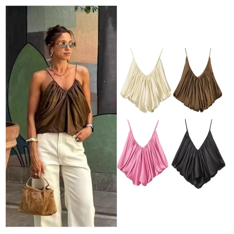 

Women's Slip Tops Fashion Satin Pleated V-Neck Sleeveless Short Top Summer Female Backless Sexy Party Chic Tops ﻿