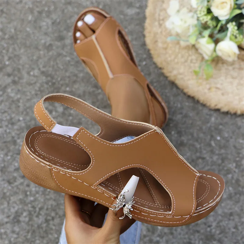 White Women\'s Wedge Heeled Sandals 2024 Summer Peep Toe Platform Sandalias Woman Casual Non Slip Beach Sandles Plus Size Ladies