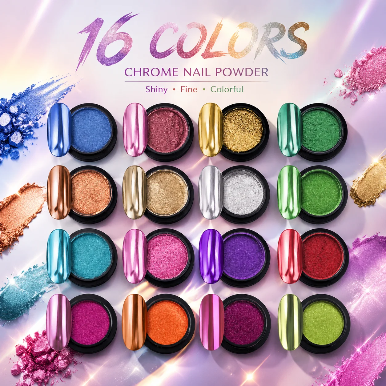 16 Jars Chrome Nail Powder Magic White Pearl Kit Mirror Holographic Dip Nail Powder Decoration Iridescent Aurora Mermaid Pigment