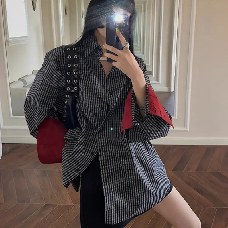 

American Vintage Plaid Lazy Blouse Women Loose Casual Streetwear Harajuku Y2K Shirt Hiphop Dance Single Breasted Long Sleeve Top