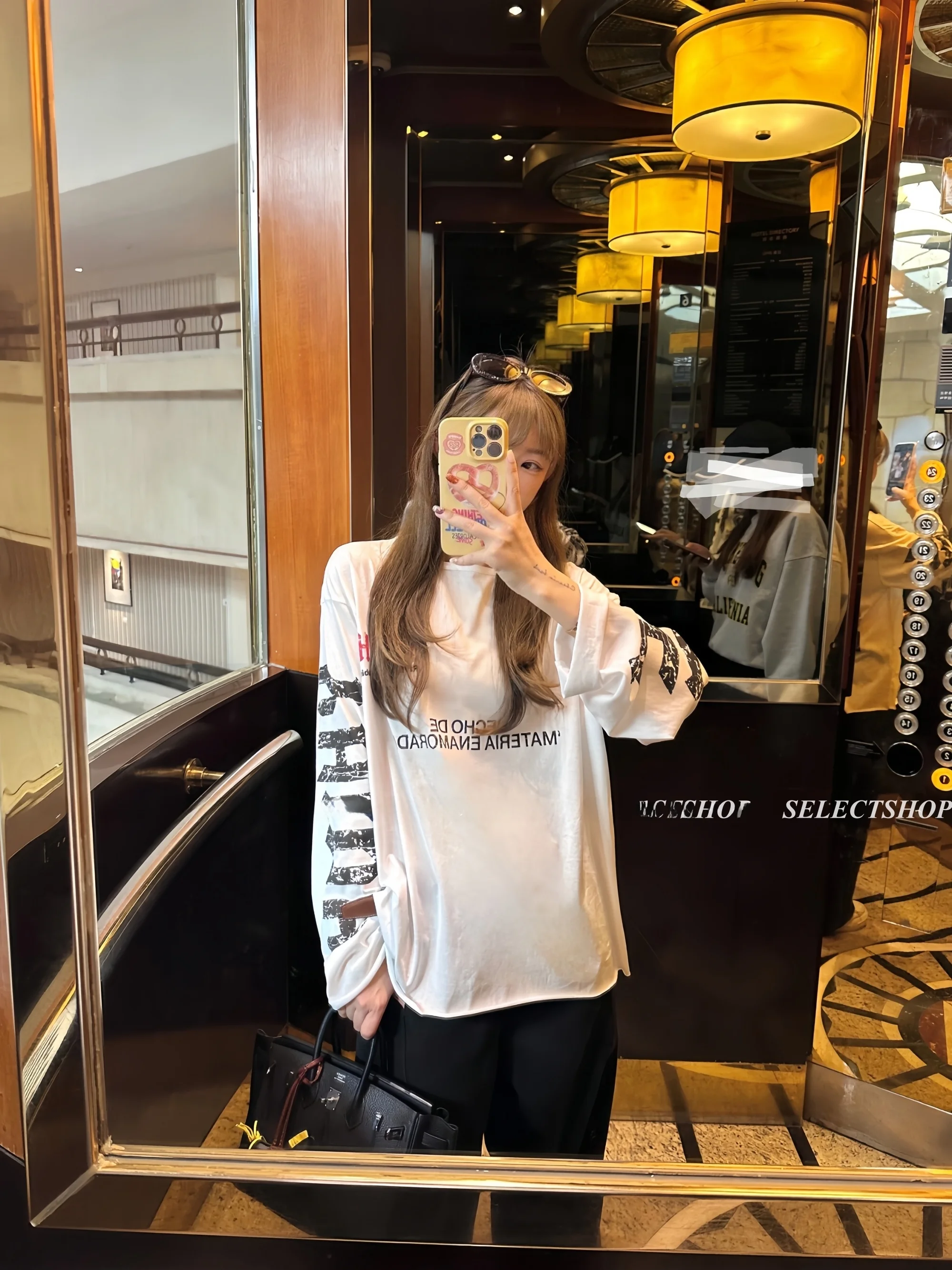 Jenny Rebis American Style Long Sleeve Letter Print Thin T-Shirt Women's High Waist Loose Fit Cotton UV Protection Top