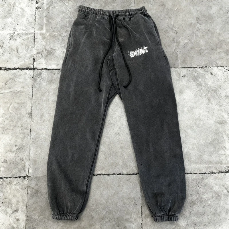 25SS جديد سانت السراويل الرجعية رسالة إعادة مطبوعة طباعة غسلها القديمة فضفاض الصوف Sweatpants الرباط مرونة الخصر بنطلون #3