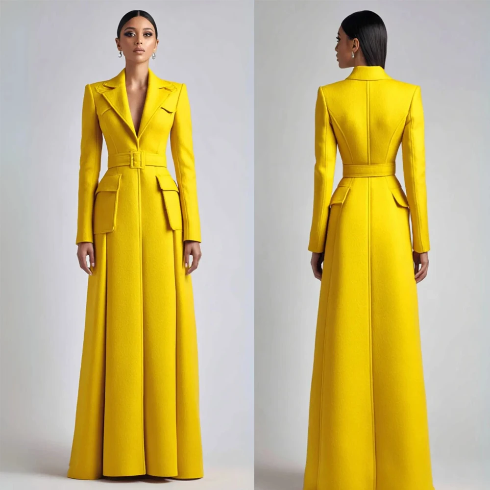 

Women Bright Yellow Long Coat Customized Slim Fit Formal Business Blazer Coat For Lady Evening Party Prom Warm Wear One Piece