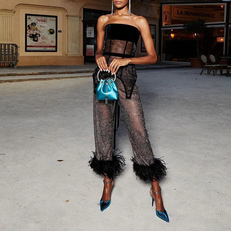 BKLD 2026 Transparente Glitzer-Hose mit Federsaum, Modische Party- und Nachtclub-Damenbekleidung, Vielseitige Elegante Schlanke Hose