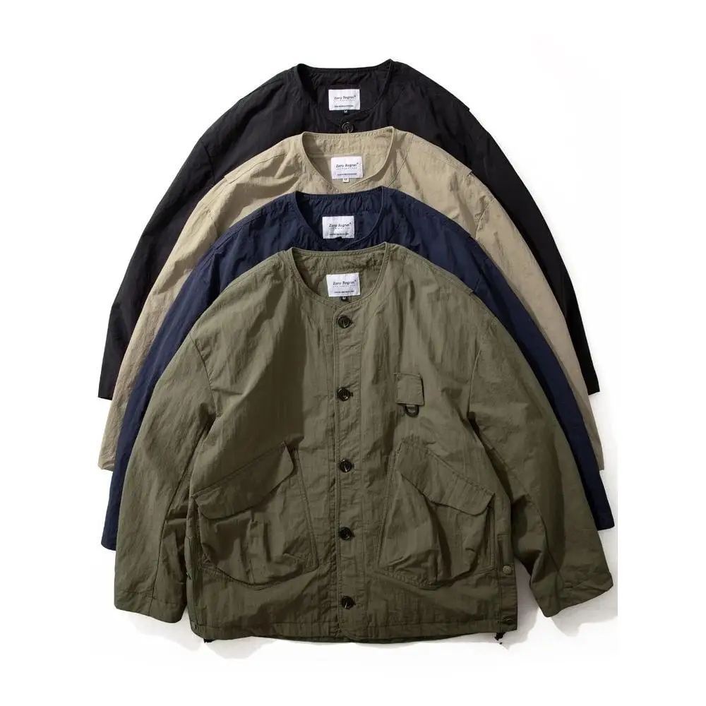 

Men's Spring Autumn Loose Fit Jaet No Collar Outdoor Windproof Waterproof Big ket Workwear Coat Casual Polyester