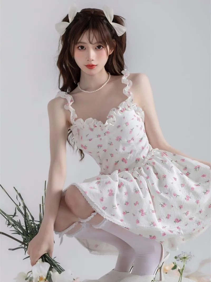 

Sweet Fashion Flower Suspender Cake Dress Women Flounce Lace Patchwork Collarbone Sleeveless Slim Summer Princess Chic Outfit