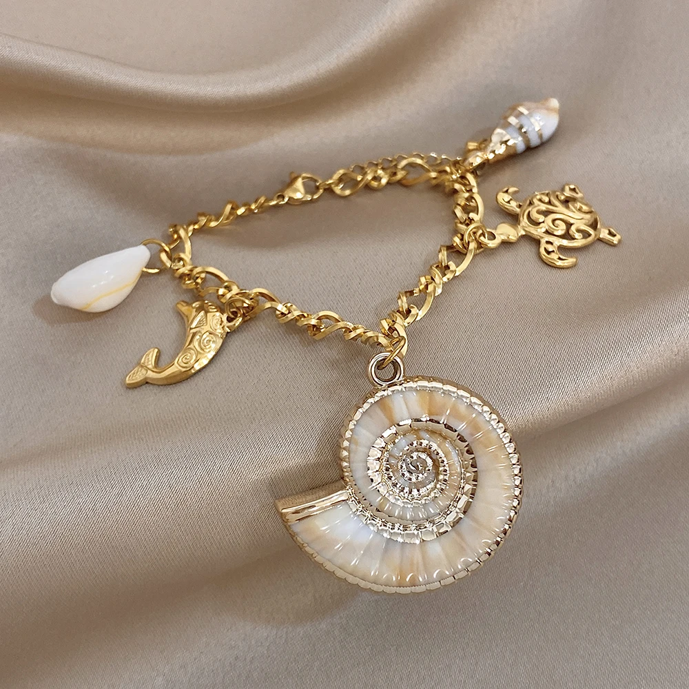 Greatera Conch Hollowed-out Sea Turtle Dolphin Bangle Delicacy Artistic Ocean-style Multiple Pendant Stainless Steel Bracelets