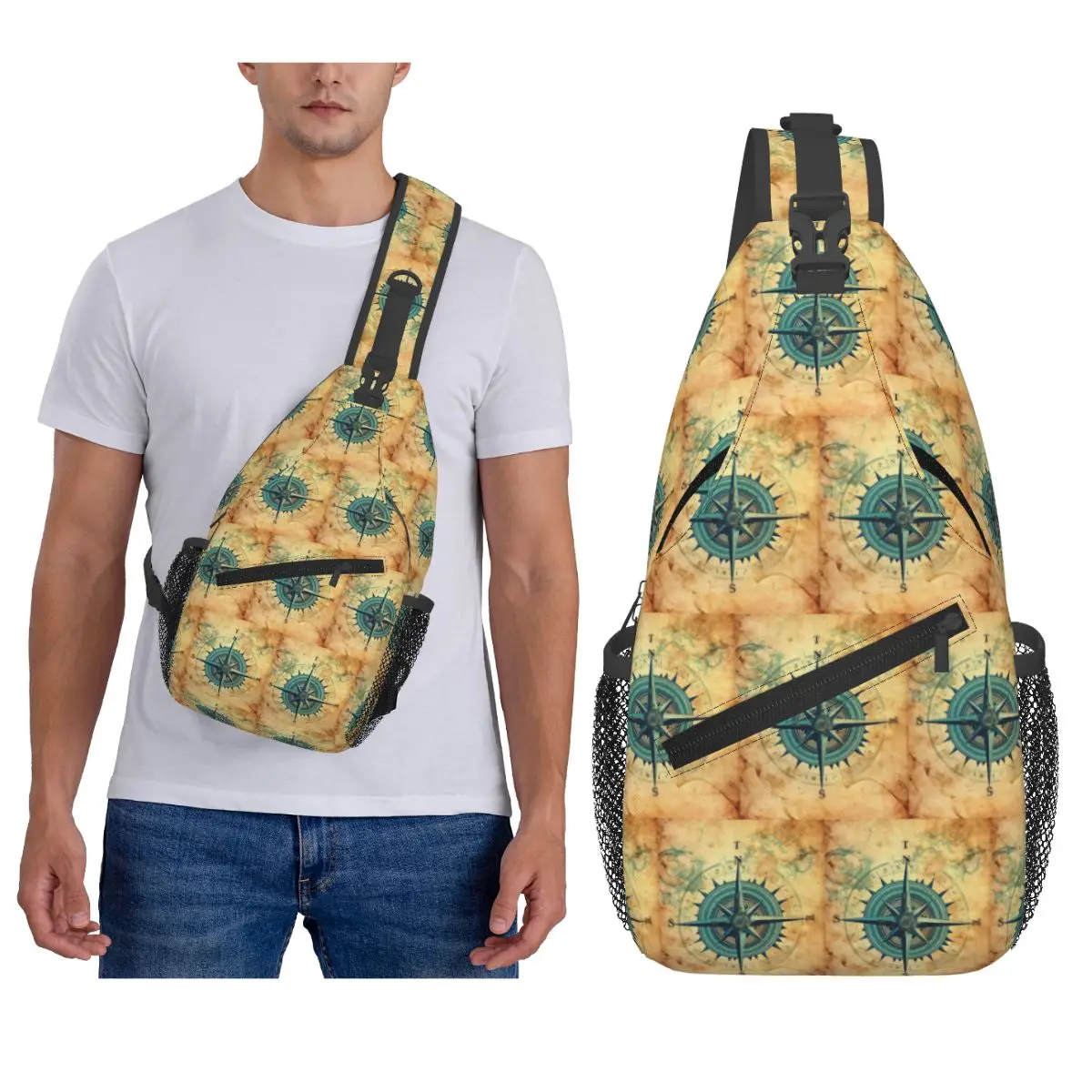 

Нагрудная сумка с принтом компаса, мужской рюкзак через плечо, нагрудная сумка, дорожный походный рюкзак, сумка на плечо