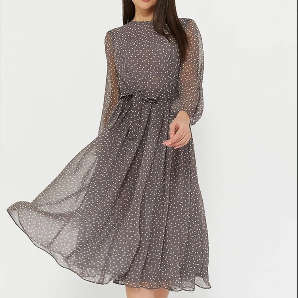 

Polka Dot Print Chiffon Midi Dresses Women Fashion Casual O Neck Bowknot Leace-up Dress Temperament Elegant Vintage Lady Vestido