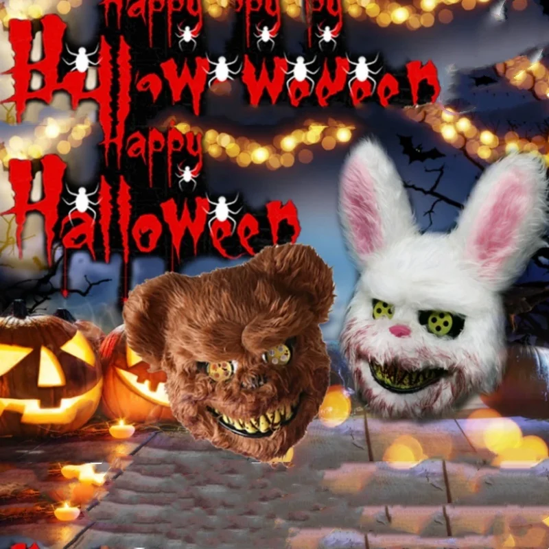 Halloween Cosplay Scary Rabbit Bear Plush Mask Role‑Play Mask Prop Horror Animal Headcover For Masquerade Carnival Party Costume