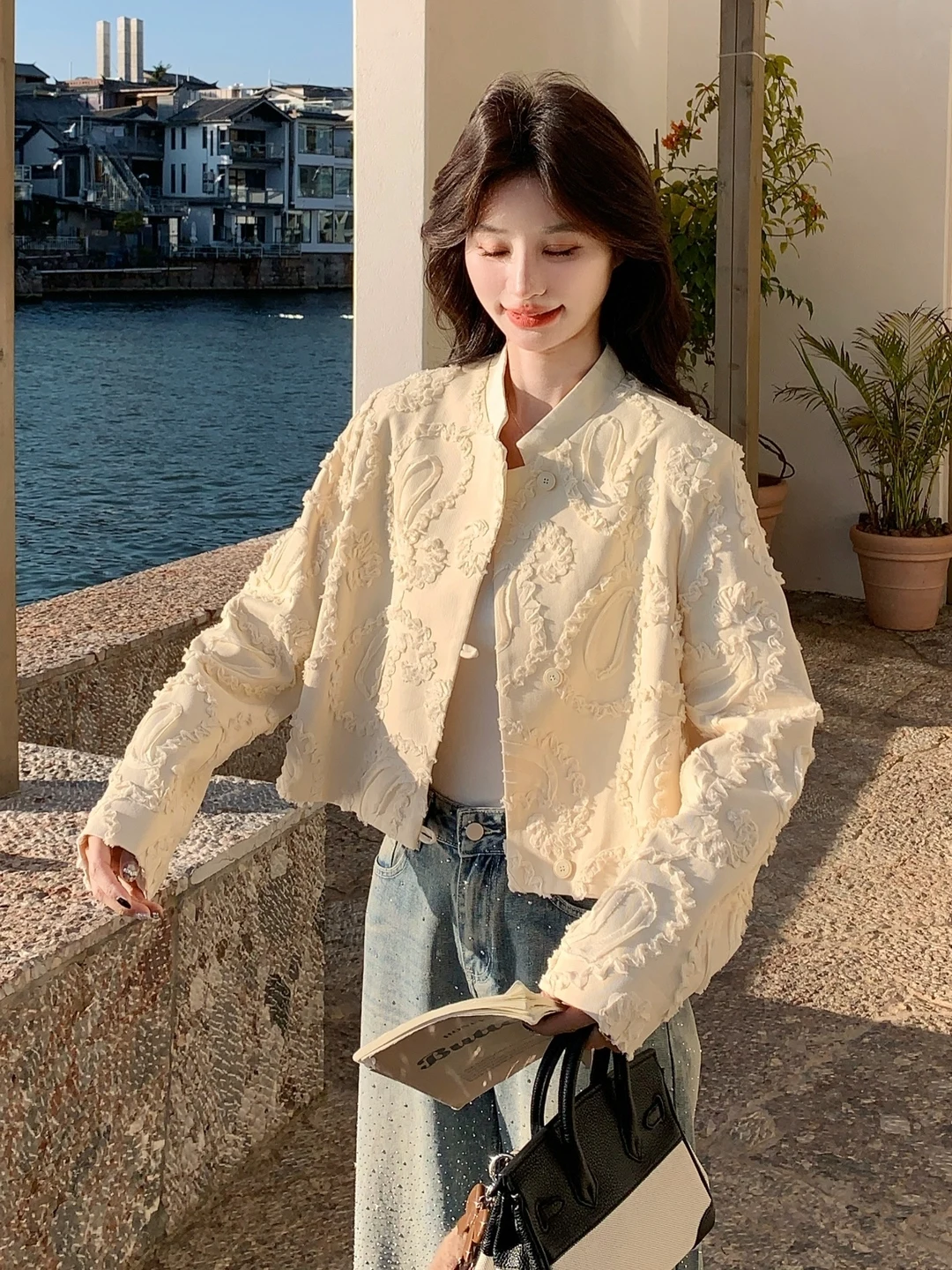 

Stylish Short Stand Collar Patchwork Jacket Women's Spring Autumn New Unique Chinese Style Top Beautiful Wood Grain