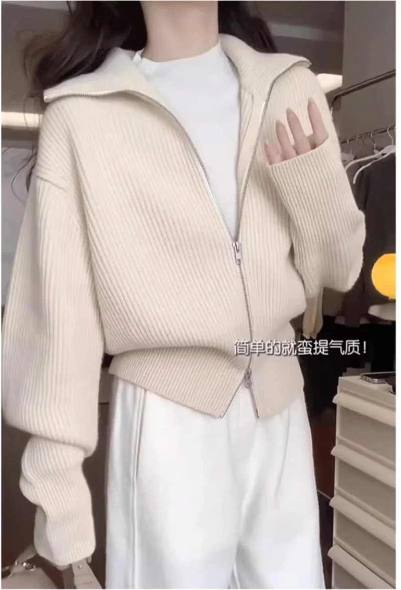 

Lazy Style Double Zipper Lapel Knitted Cardigan Women's Autumn and Winter Thick Premium Soft and Sticky Sweater Jacket Short Top