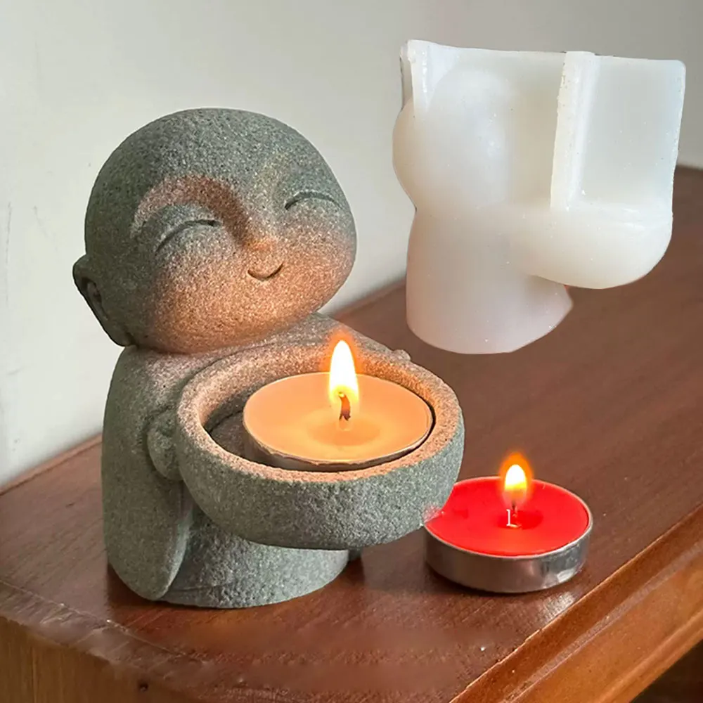 Cute Monk Candlestick Resin Silicone Mold Zen Meditation Candle Holders Concrete Gypsum Mold DIY Home Decor Buddhist Decoration