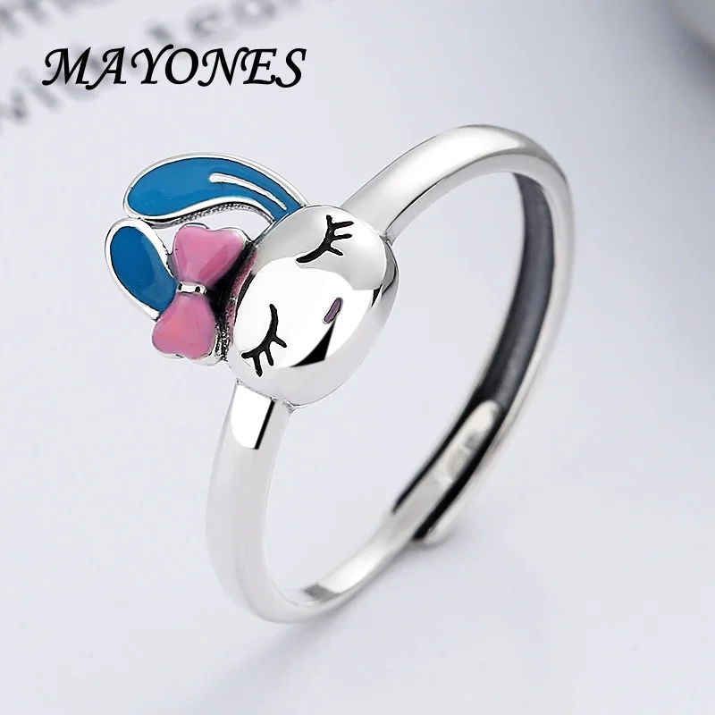 New S925 Sterling Silver Cute Bow Rabbit DIY Ring Women's Zodiac Animal Design Sense Ring Jewelry