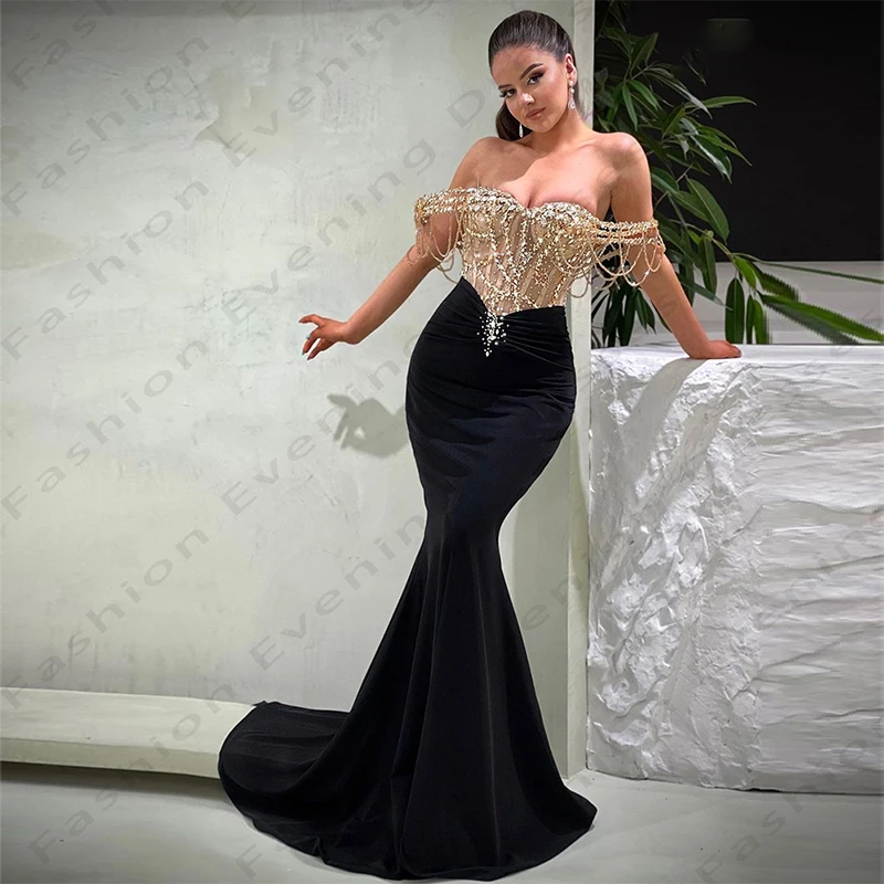 Sexy Mermaid Off Shoulder Evening Dresses Exquisite Sparkling Beading Gorgeous Satin Slimming Simple Mopping Prom Gowns 2024