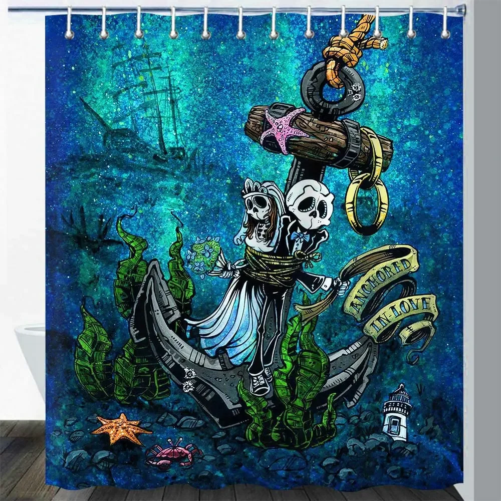 Anchor Sugar Skull Starfish Crab Boat Algae Underwater World Creatures Abstract Colorful Fabric Bathroom Curtain