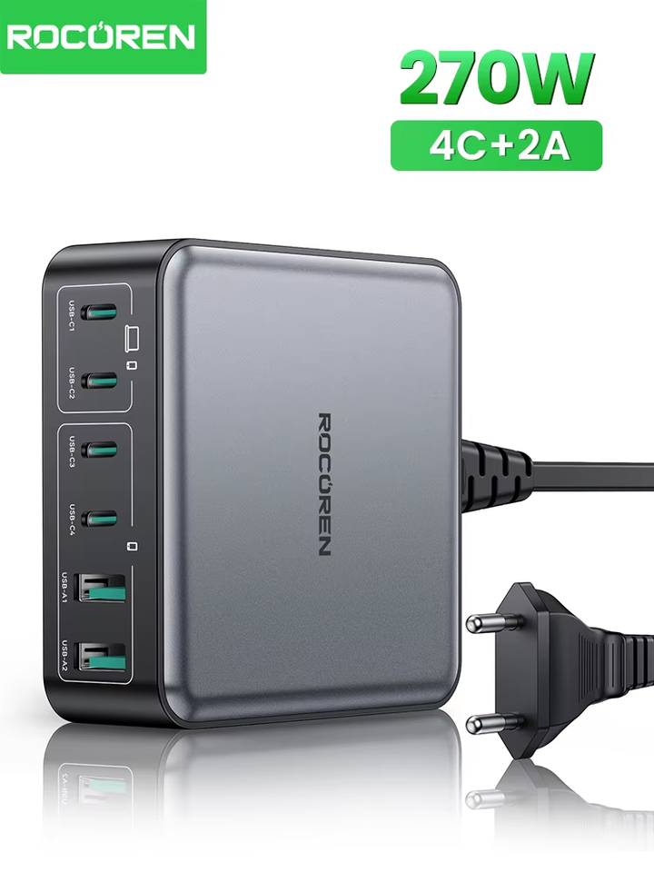 Rocoren 270W GaN Charger 6-ports Desktop Fast Charging USB Type C Charger Portable Power Station For iPhone 16 Pro Max Xiaomi