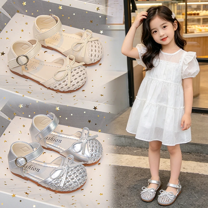

YUYIN 2026 New Summer Girls' Casual Sandals Bow Children's Solid Color Woven Sandals Hollow-out Simple Sweet Campus Flat Sandals