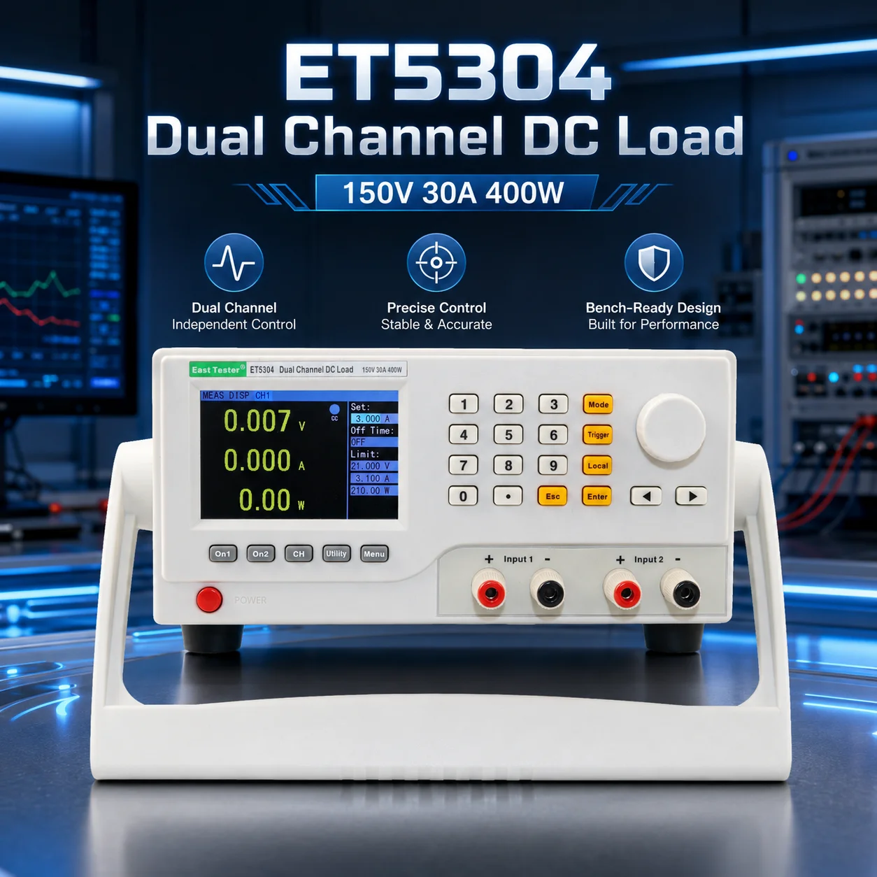 ET5304 Dual-Channel Programmable DC Electronic Load, 150V 400W, Independent Control and Isolated Inputs for Simultaneous Testing