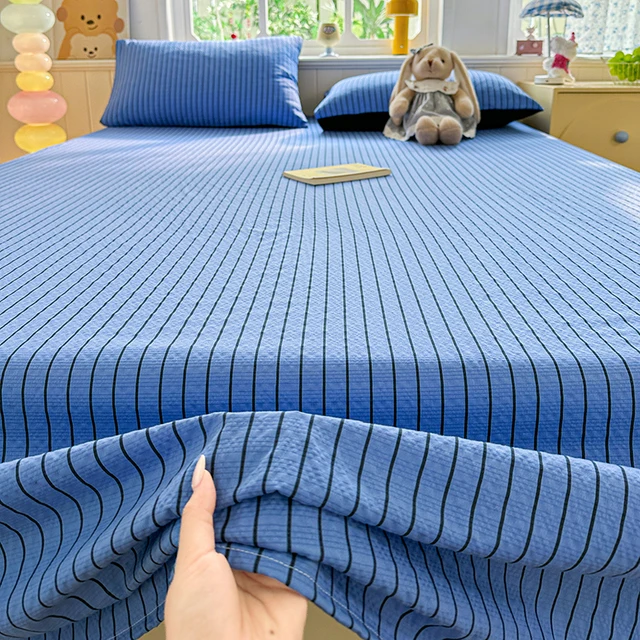 Double Layer Gauze Striped Flat Sheet, Soft Breathable Crinkled Cotton Bed Sheet,Machine Washable 3