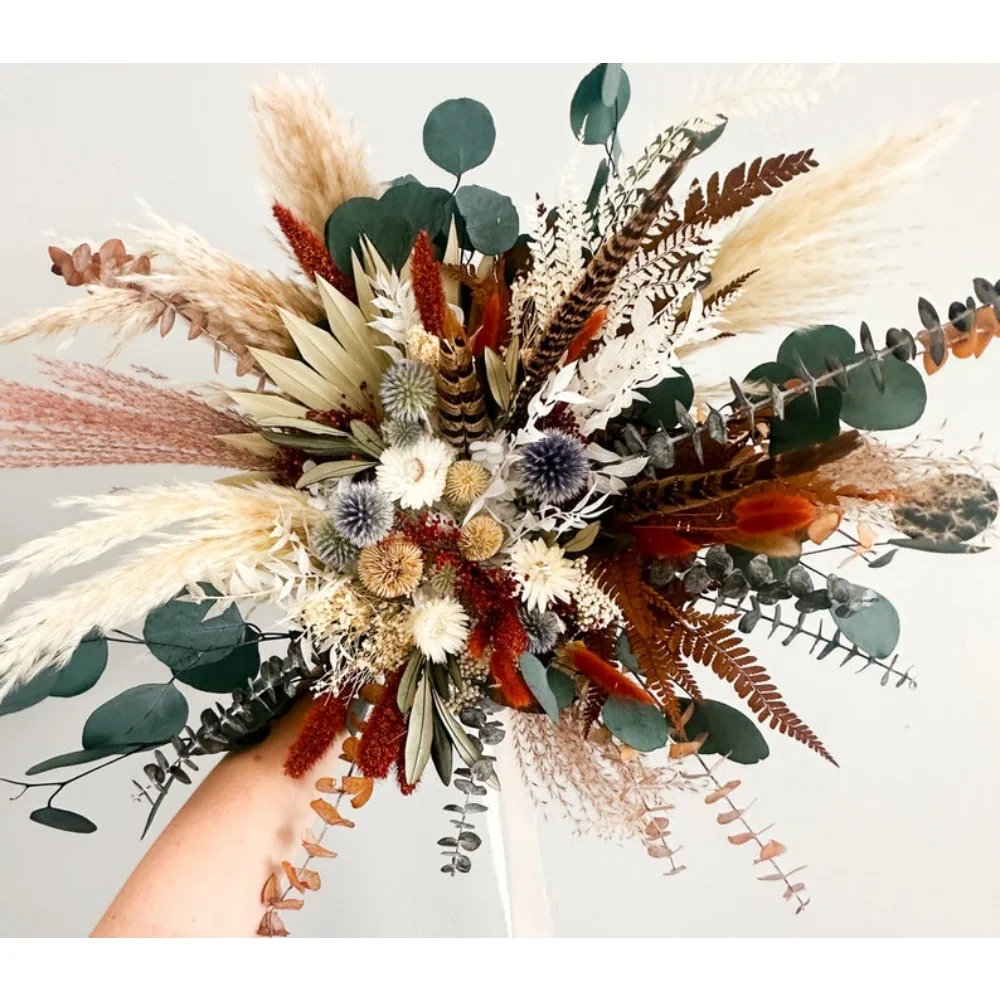 Dried Flower Bouquet,Terracotta,Dusty Blue,Pheasant Feather Bouquet,Bride and Bridesmaids,Wedding Flowers