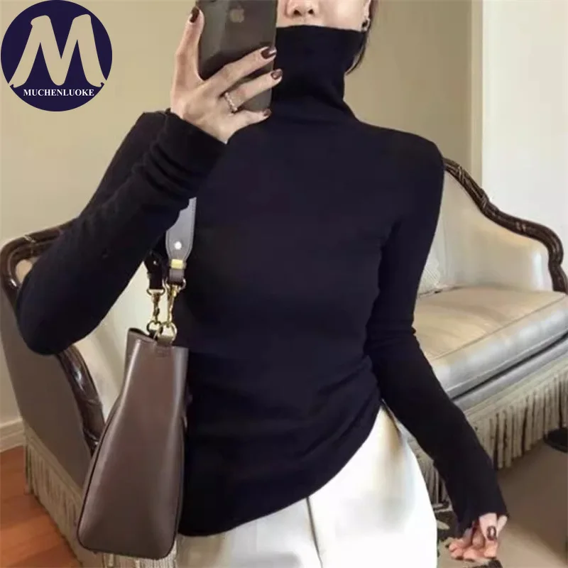 Sweater for Woman Autumn Winter Elegant High Necked Knitted Thin SweaterFashionable Slim Fit High Stretch Keep Warm Pullovers