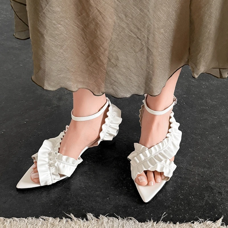

NEW Summer Women Sandals Split Leather Shoes Women Square Toe High Heels Shoes Flowers Narrow Band Buckle Strap High Heel Shoes