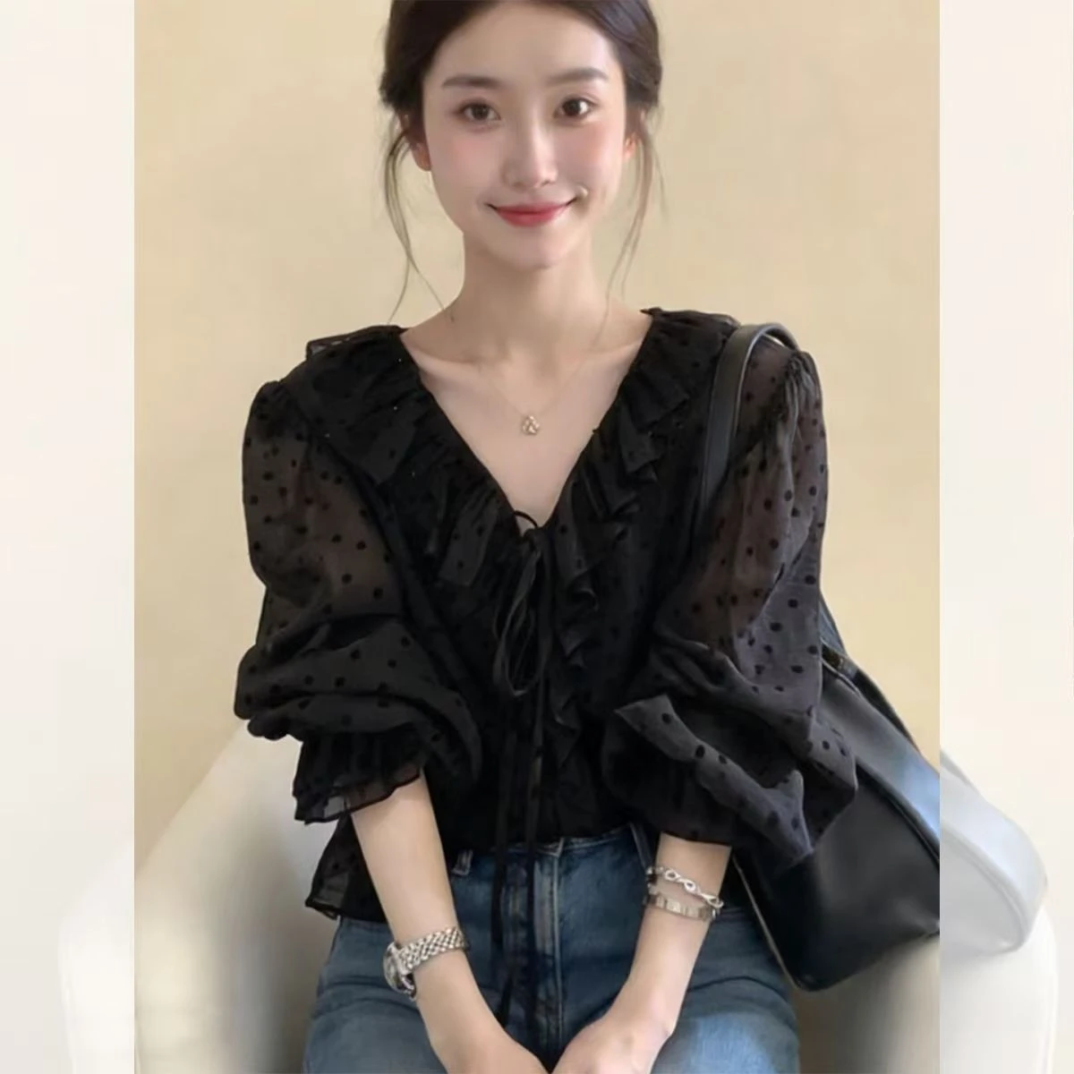 Black V-Neck Polka Dot Ruffle Sleeve Women's Shirt Korean Style Commute Long Sleeve Breathable Skin-Friendly Summer Top
