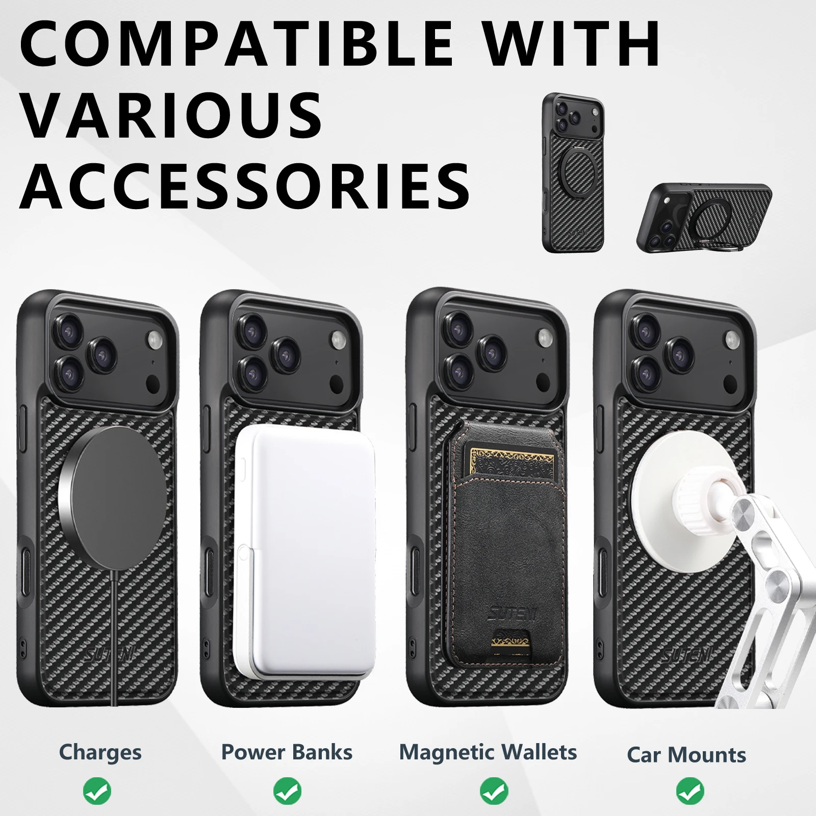 SUTENI Magnet Kabellose Ladehülle für Mobiltelefone 360 ° Drehbarer Ständer mit Kunstleder-Ringschnalle für iPhone 18 Pro Max 17 16 Plus – Detail 10