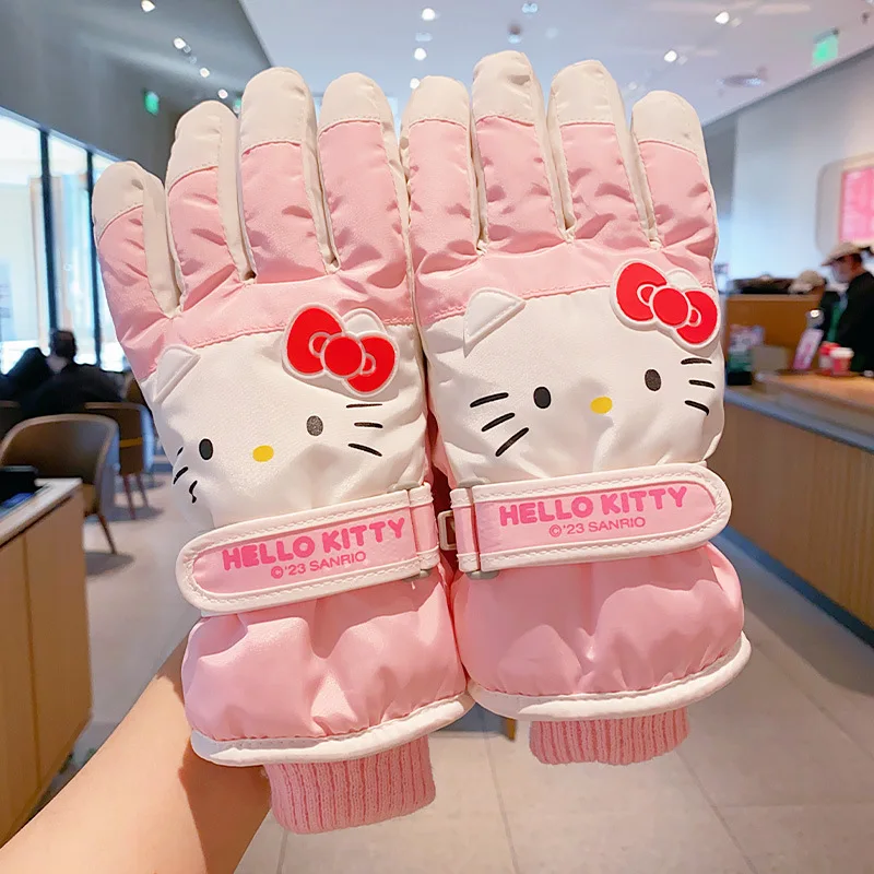 Sanrios Hello Kitty Children Ski Gloves Anime Kuromi Cinnamoroll Outdoor Warm Gloves Kawaii Cold-proof Thickened Glove Kids Gift