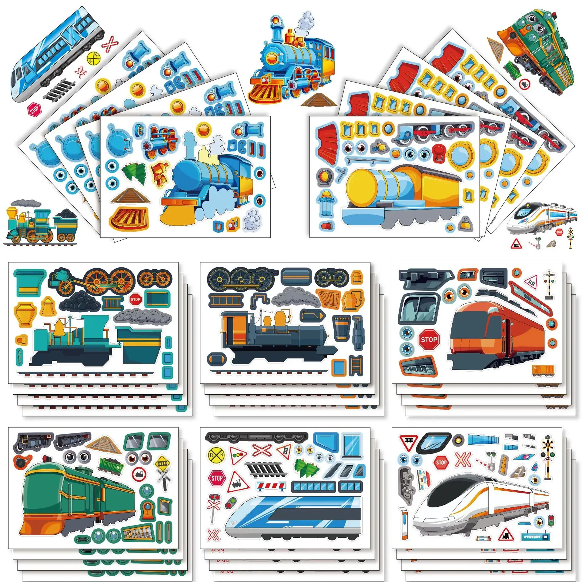 8/16 folhas trem transporte pai-filho interativo dos desenhos animados quebra-cabeça adesivo diy rosto adesivo notebook copo presentes de aniversário brinquedos do miúdo