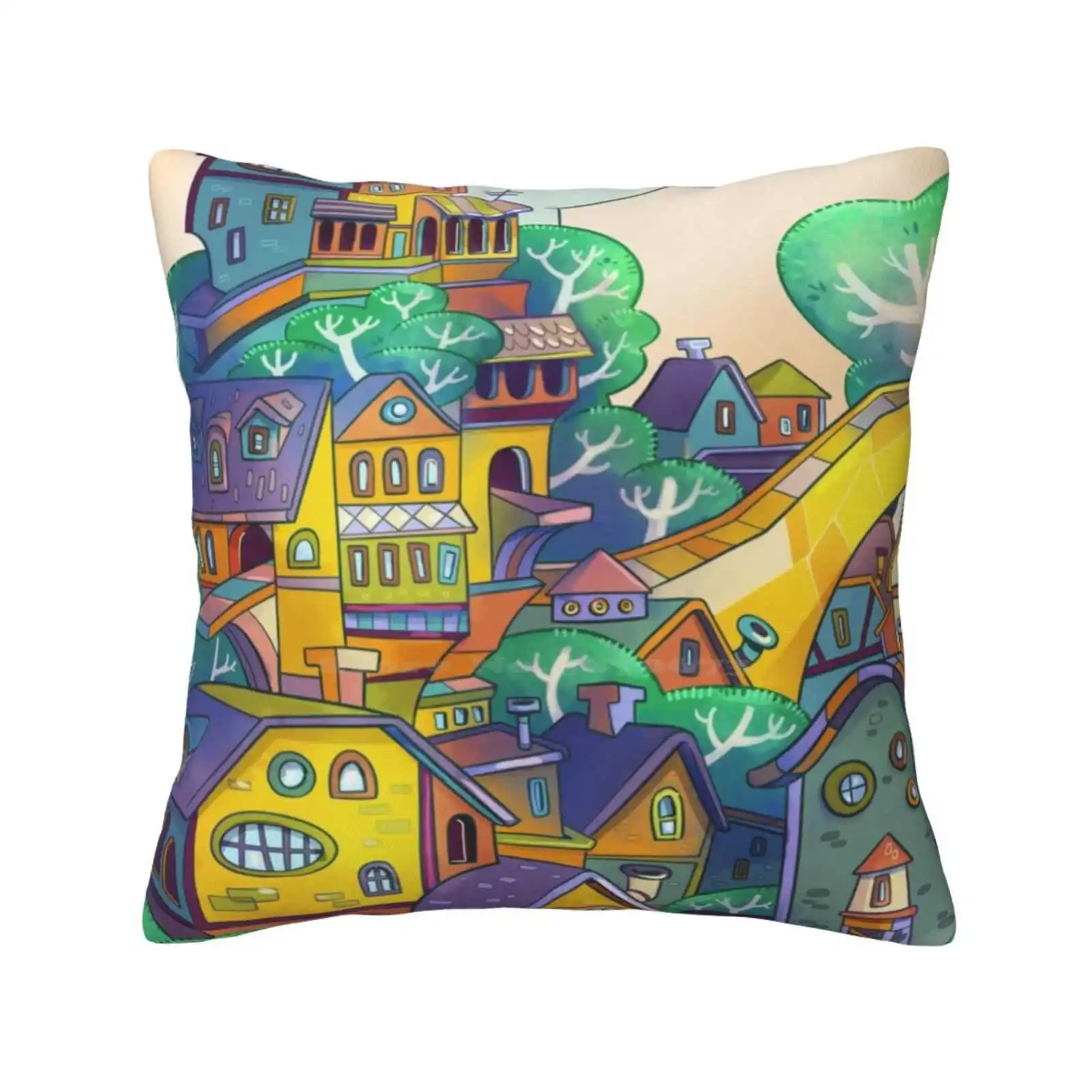 Tree Top Town Pillow Cover Hug Pillowcase Town City Urban Fantasy Whimsical Buildings Trees Treetops Tree House Yellow Green