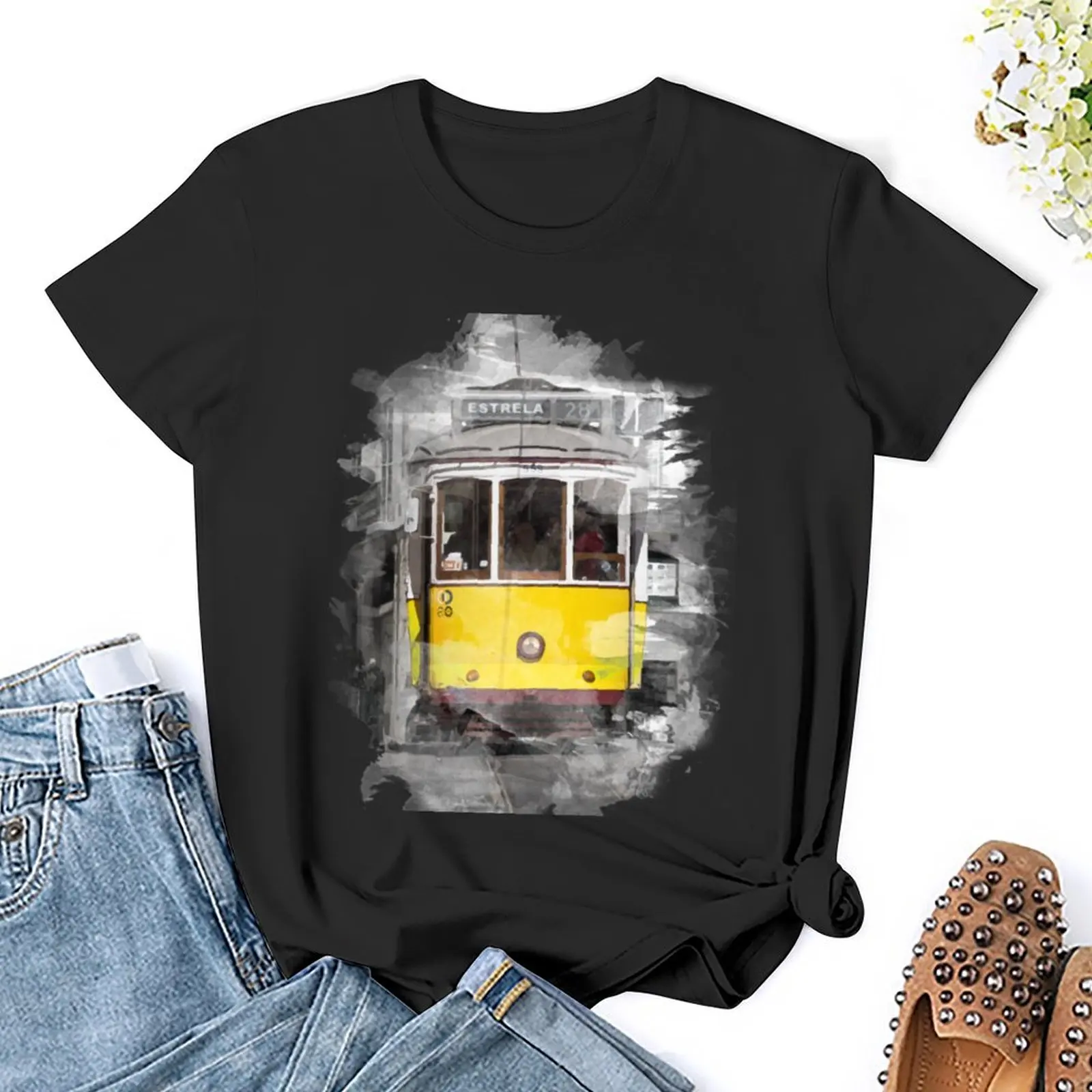 Lisbon Tram 28 watercolor T-Shirt Blouse Aesthetic clothing summer top summer clothes white t-shirt dress for Women sexy