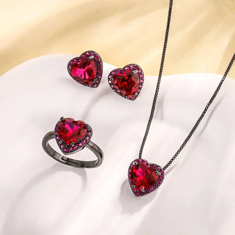 

Elegant Heart Shaped Red Crystals Jewelry Radiant Necklace Earrings Adjustable Ring with Sparkling Fashion Forward Women Jewelry