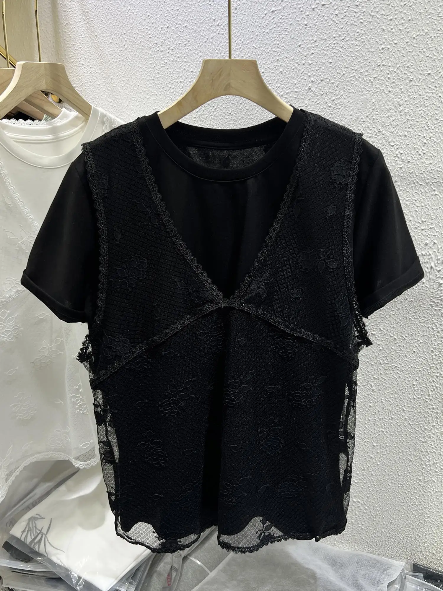 

Lace Hollow out Me Tank Top Women's White T-irt Two Piece Set Spring Summer Unique Top for Women Loose Fit V-Ne Svel