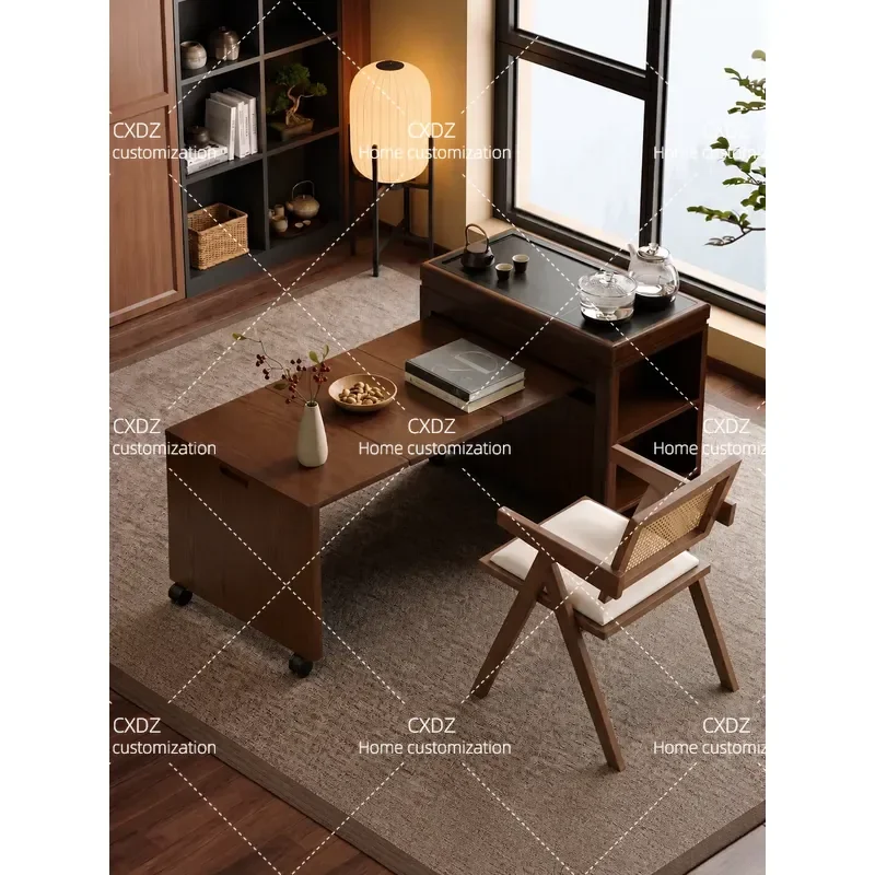 Solid Wood Folding Tea Table Retractable Mobile Kung Fu Tea Set Stand for Balcony Small Apartment New Chinese Style Home