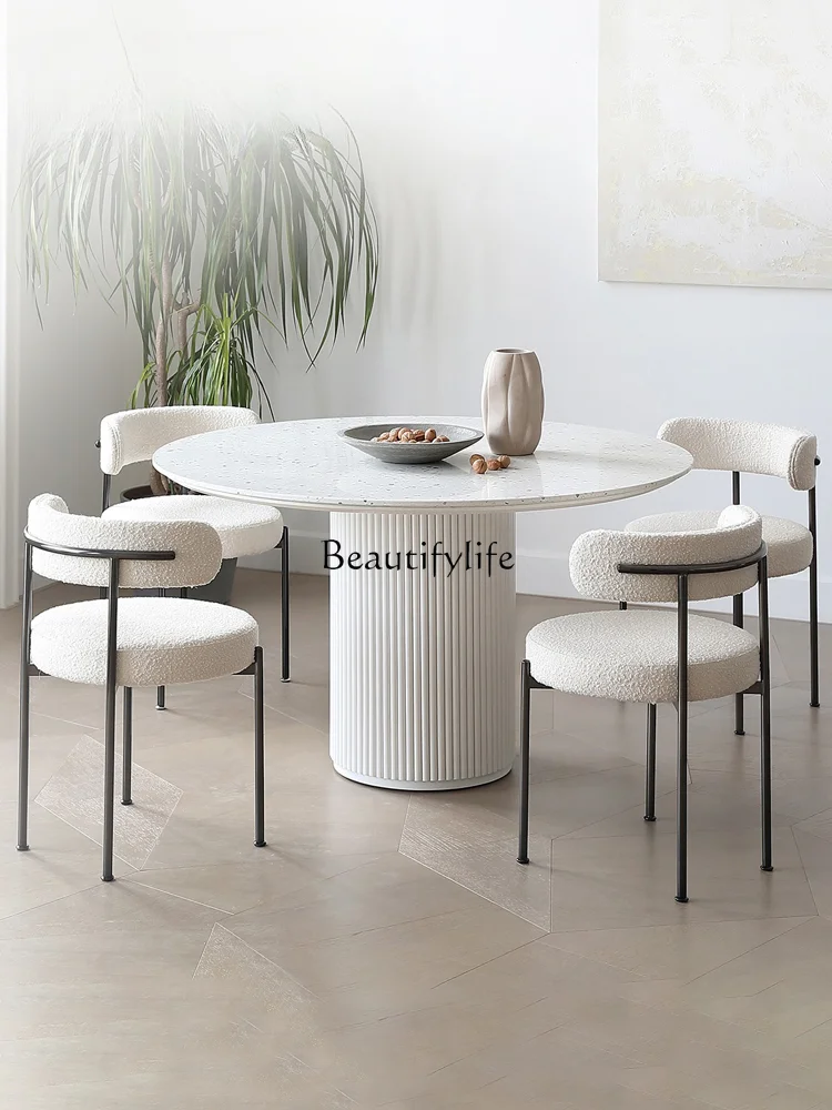 French Cream Style Simple Modern Stone Plate Roman Column Terrazzo Dining Tables and Chairs Set