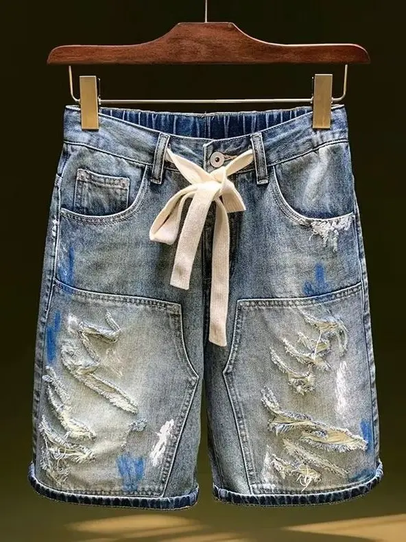 Summer New Vintage Five-Point Men's Trendy High Street Shorts Jeans Elastic Waist Drawstring Hole Middle Pants Casual Loose S...