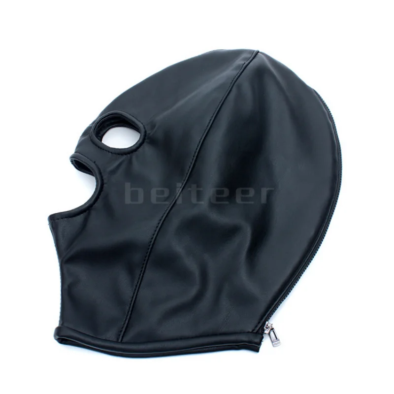 PU Leather Padded Strapped Zipper Head Hood Blindfold Harness Mask BDSM Open Mouth Eye Nose Bondage Headgear Sex Toy Adult Party