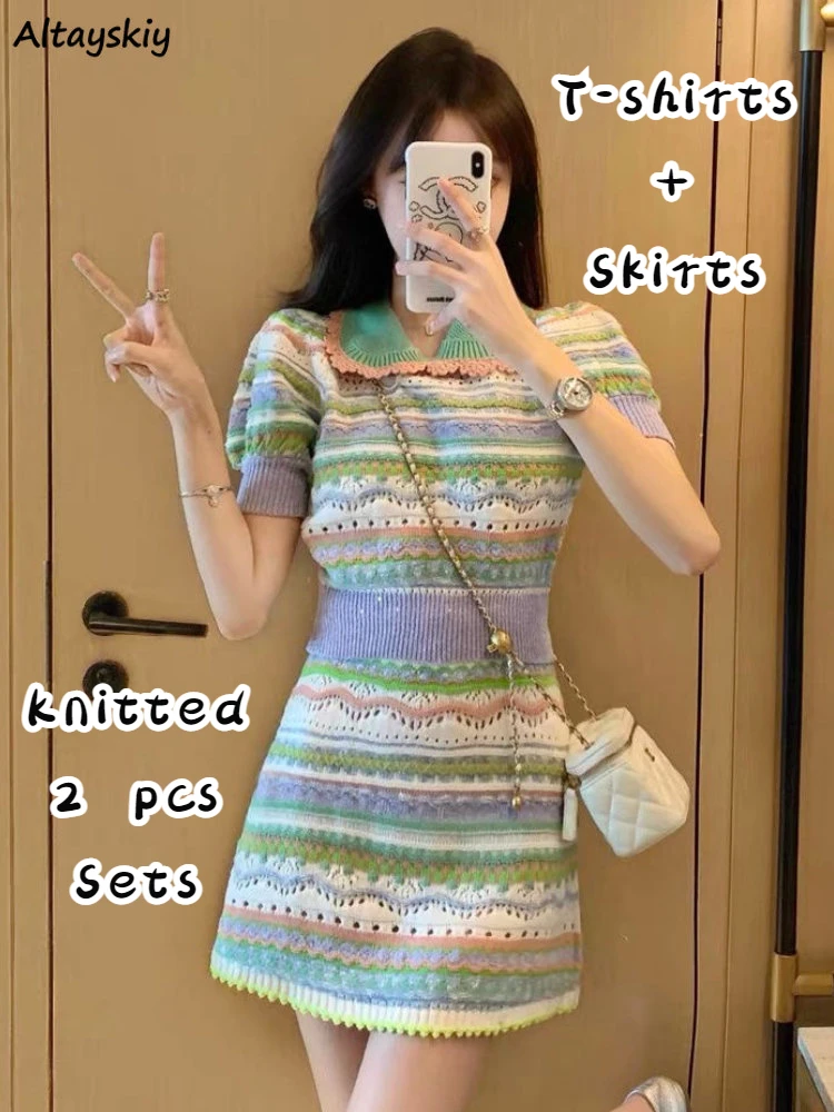 

Knitted 2 Pcs Sets Women Short Sleeve T-shirts Mini Skirts Panelled Harajuku High Waist Slim Y2k Crop Tops Summer Korean Outfits