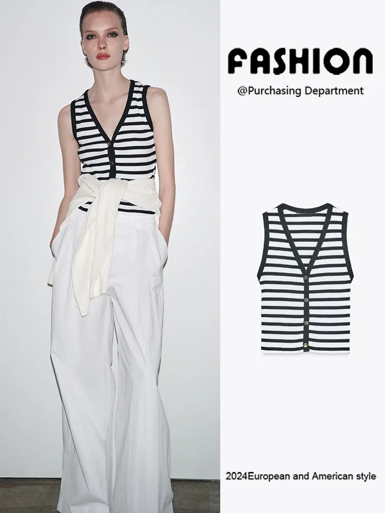 

Spring New Arrival Women's Versatile Slimming Stripe Button V-ne Svel Vest European Sle Knitted Sweater Cardigan